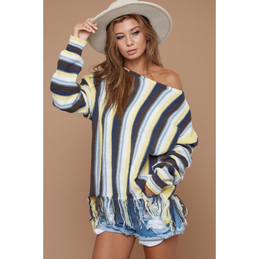 NEW! BiBi VARIEGATED MULTI COLOR STRIPE SWEATER TOP WITH FRINGE HEM!